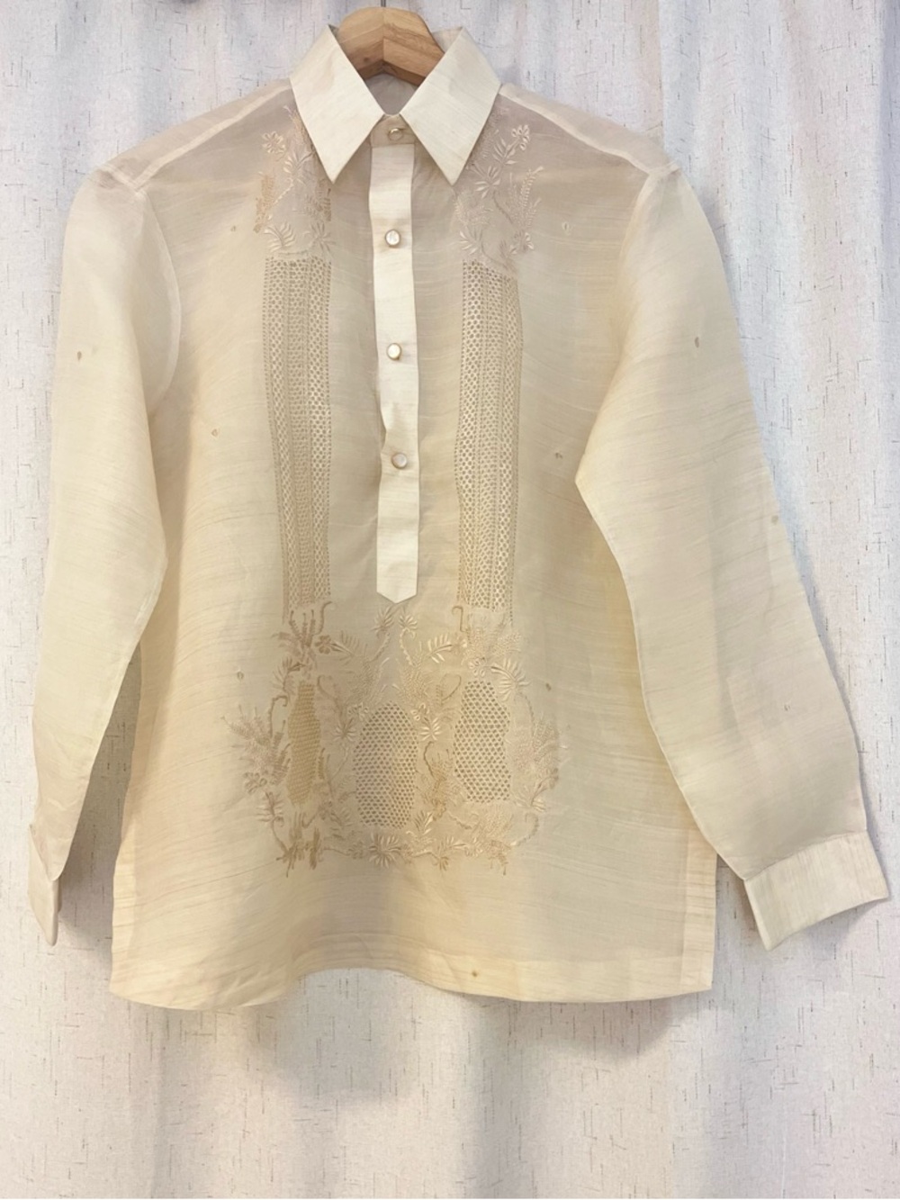 Vintage Embroidered Barong Tagalog Formal Shirt Piña Jusì Style Cream